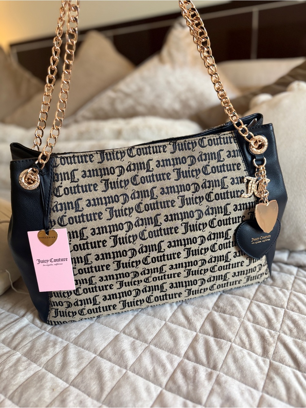 Juicy Couture Black & Beige Logo Shoulder Bag with Gold Chain Straps